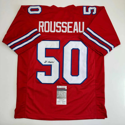 Back of autographed Greg Rousseau custom jersey, red with white blue trim, number 50, Buffalo professional sports league