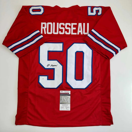 Back of autographed Greg Rousseau custom jersey, red with white blue trim, number 50, Buffalo professional sports league