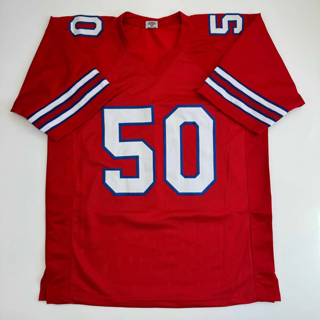 Autographed Greg Rousseau Buffalo red custom jersey number 50, JSA COA