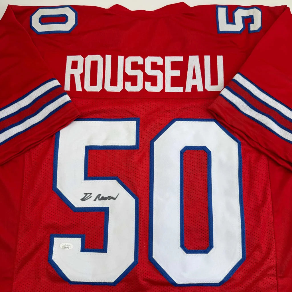 Back of autographed Greg Rousseau custom red Buffalo football jersey number 50