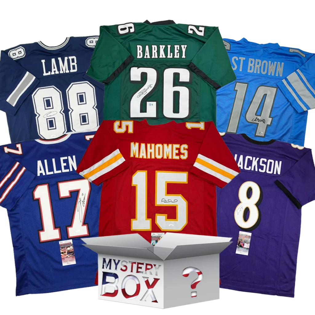 Autographed football jersey mystery box with 6 signed jerseys and COA