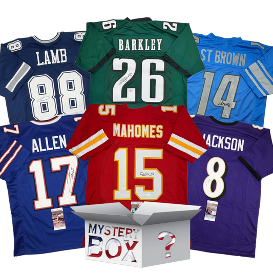 Autographed football jersey mystery box with 6 signed jerseys and COA