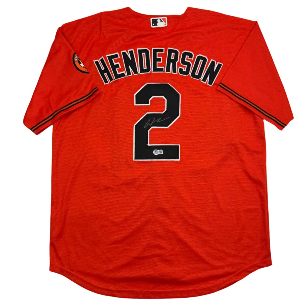 Autographed Gunnar Henderson custom jersey with MLB logo, Beckett COA