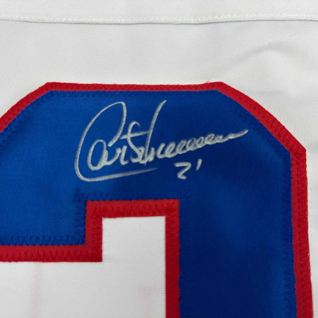 Autographed Guy Carbonneau Montreal Canadiens custom white jersey with Curt Schilling silver signature and number 2 patch, JSA COA