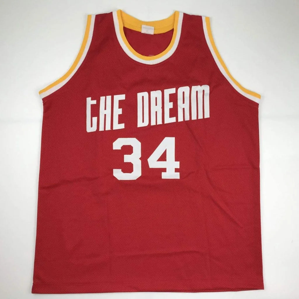 Autographed Hakeem Olajuwon custom jersey in red mesh with The Dream and number 34