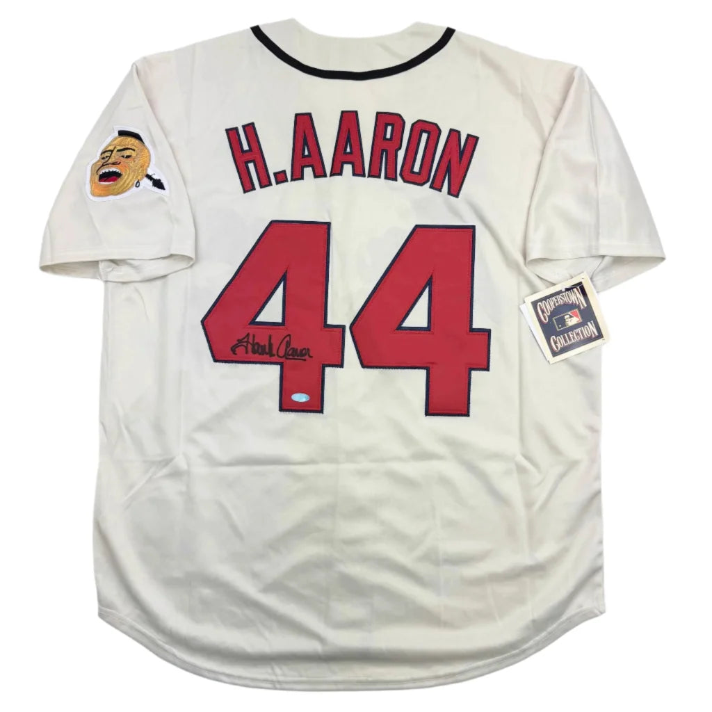 White Hank Aaron custom jersey with 44 and signature, perfect for professional sports fans