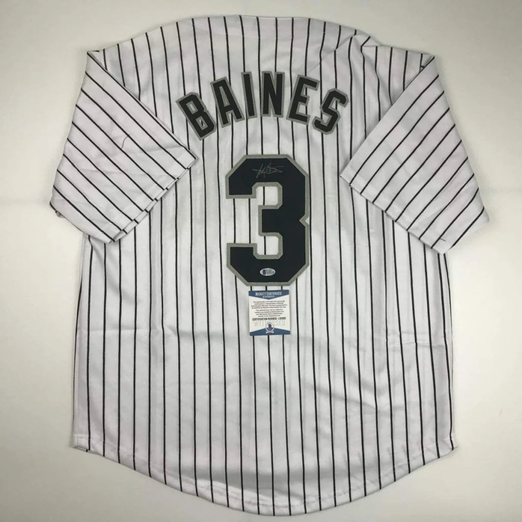 White pinstriped custom jersey with BAINES 3 for professional sports fans
