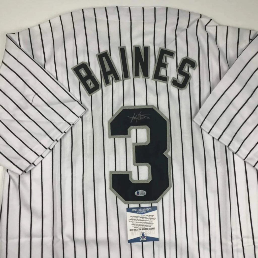 White pinstriped custom jersey with BAINES 3 autograph for pro sports fans