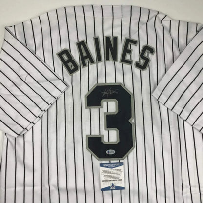 White pinstriped custom jersey with BAINES 3 autograph for pro sports fans