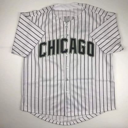 White pinstriped custom jersey with CHICAGO for professional sports fans and leagues