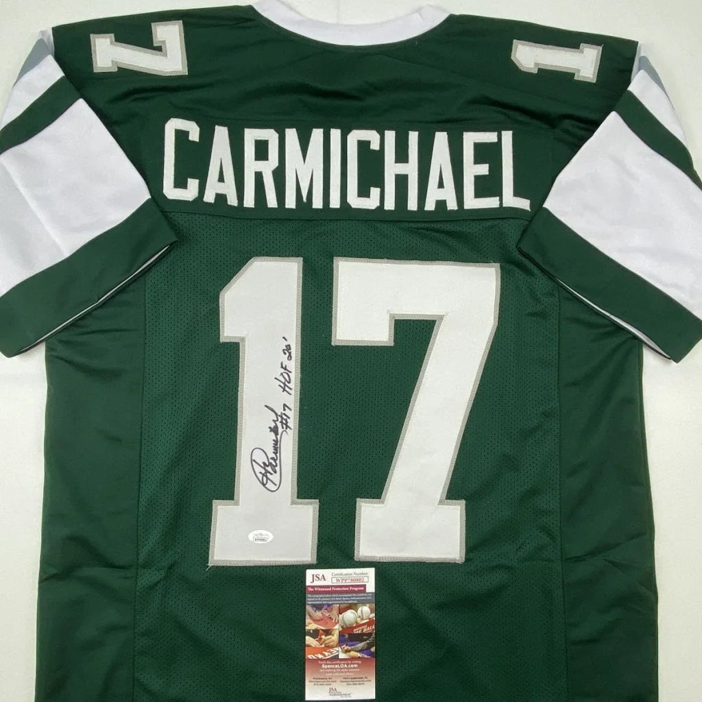 Autographed Harold Carmichael HOF custom jersey, New York Jets green and white with number 17