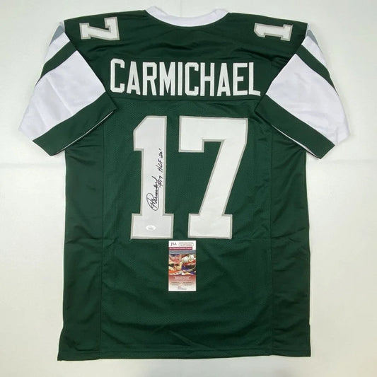 Autographed Harold Carmichael HOF custom jersey, New York Jets green and white with number 17