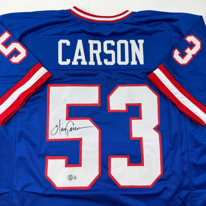 Autographed Harry Carson New York Blue Football Jersey Beckett BAS COA | Certified Authentic Signed Memorabilia | vintageantiquesgifts.com