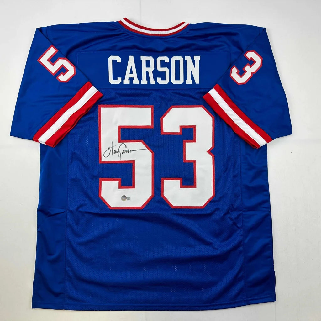 Autographed Harry Carson New York Blue Football Jersey Beckett BAS COA | Hall of Fame Sports Memorabilia | vintageantiquesgifts.com