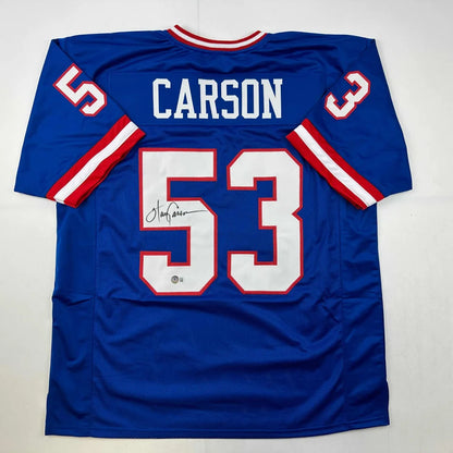 Autographed Harry Carson New York Blue Football Jersey Beckett BAS COA | Hall of Fame Sports Memorabilia | vintageantiquesgifts.com