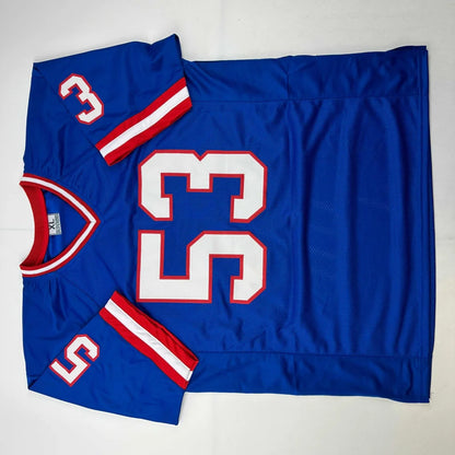 Blue custom jersey with red and white trim and number 53 from professional sports league