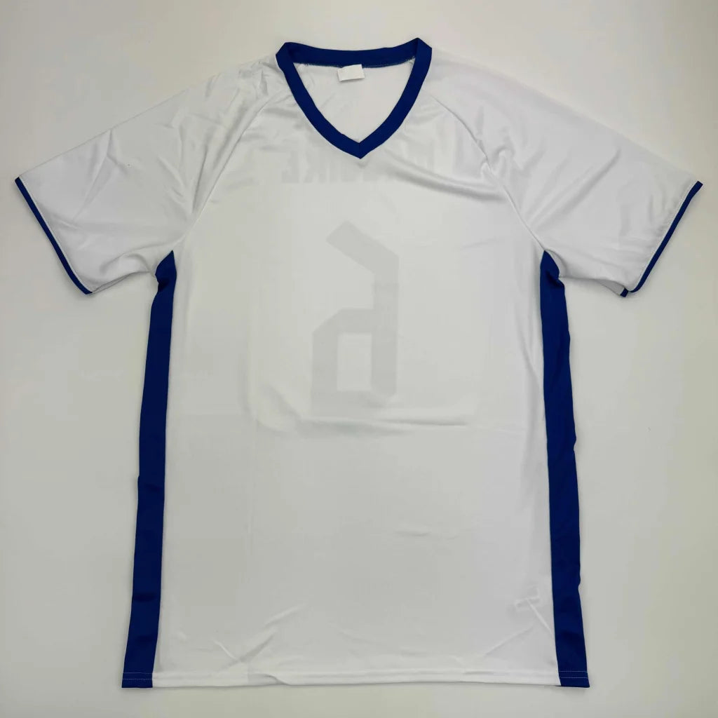 White short-sleeved v-neck custom jersey with blue trim from professional sports league