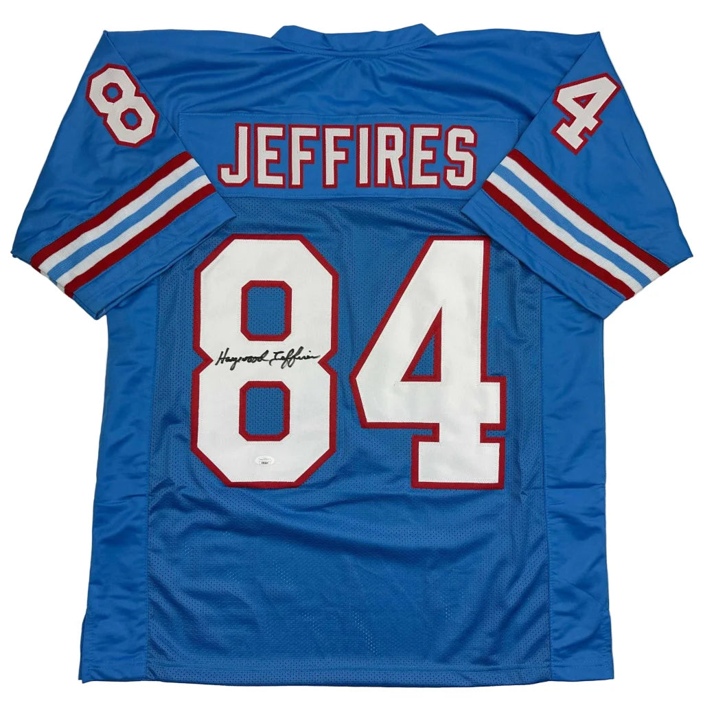 Back of autographed Haywood Jeffires custom jersey, 84, light blue, JSA COA