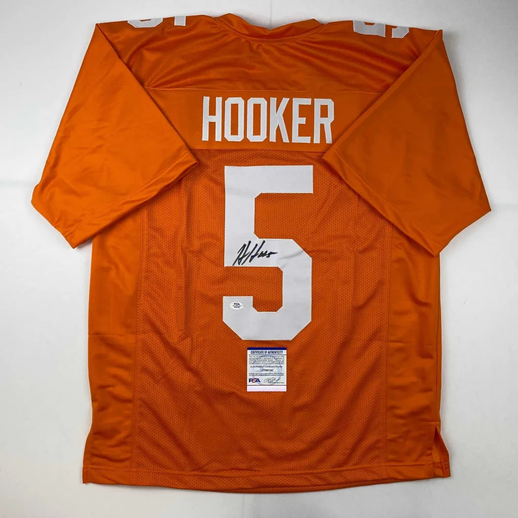 Orange custom football jersey with HOOKER 5 signature from Professional Sports League
