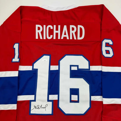 Autographed Henri Richard Montreal Red Hockey Jersey JSA COA | Certified Authentic Signed Memorabilia | vintageantiquesgifts.com