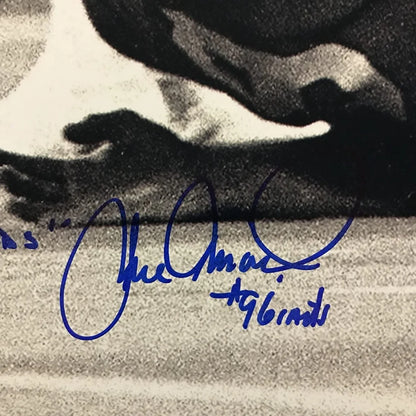 Blue ink signature on black and white photo of Herm Edwards Joe Pisarcik third party product