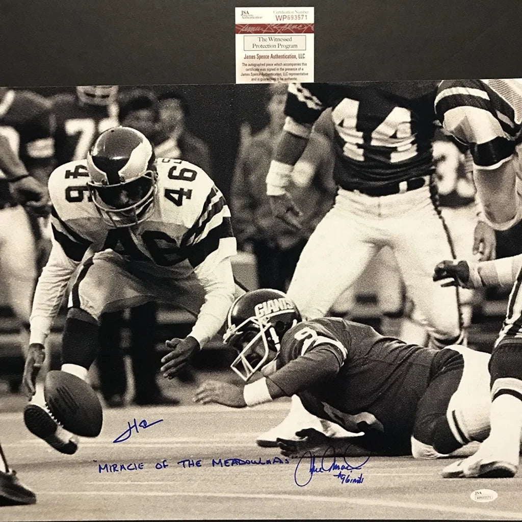 Signed black and white American football game photo third party Herm Edwards Joe Pisarcik
