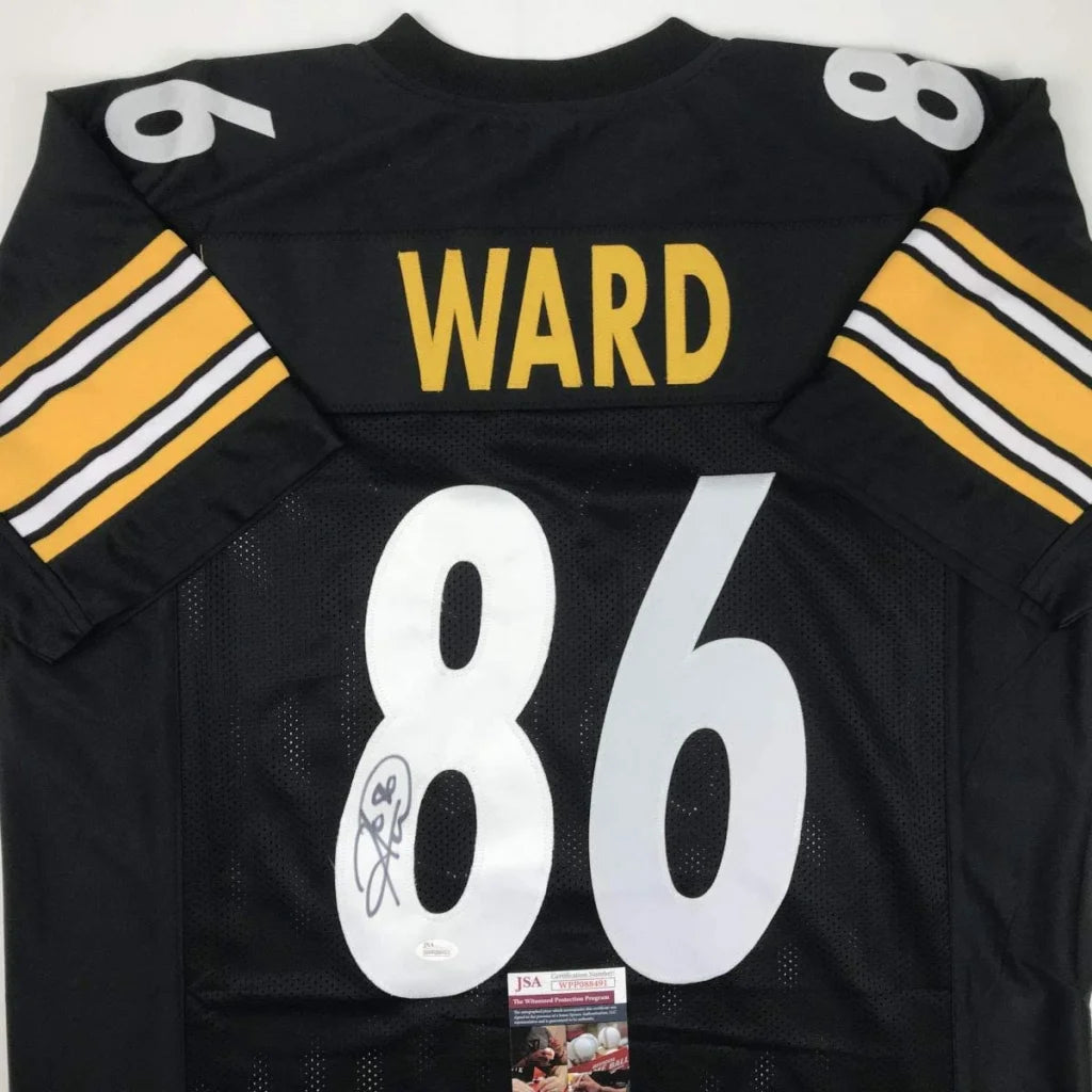 Black professional sports league custom jersey with WARD 86, signature, yellow and white stripes