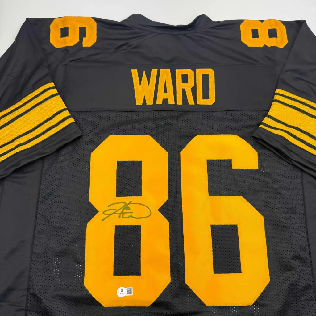 Authentic WARD 86 black gold football jersey with yellow numbers and signature
