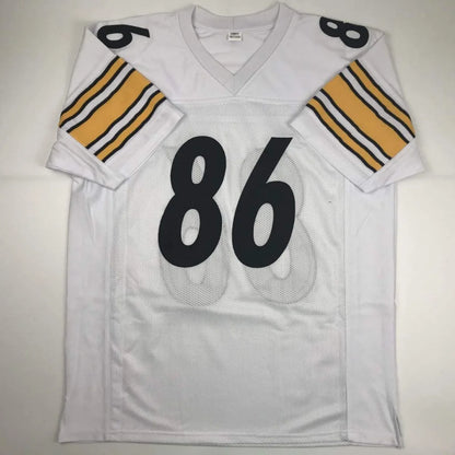 White custom jersey with 86 and striped sleeves from Professional Sports League