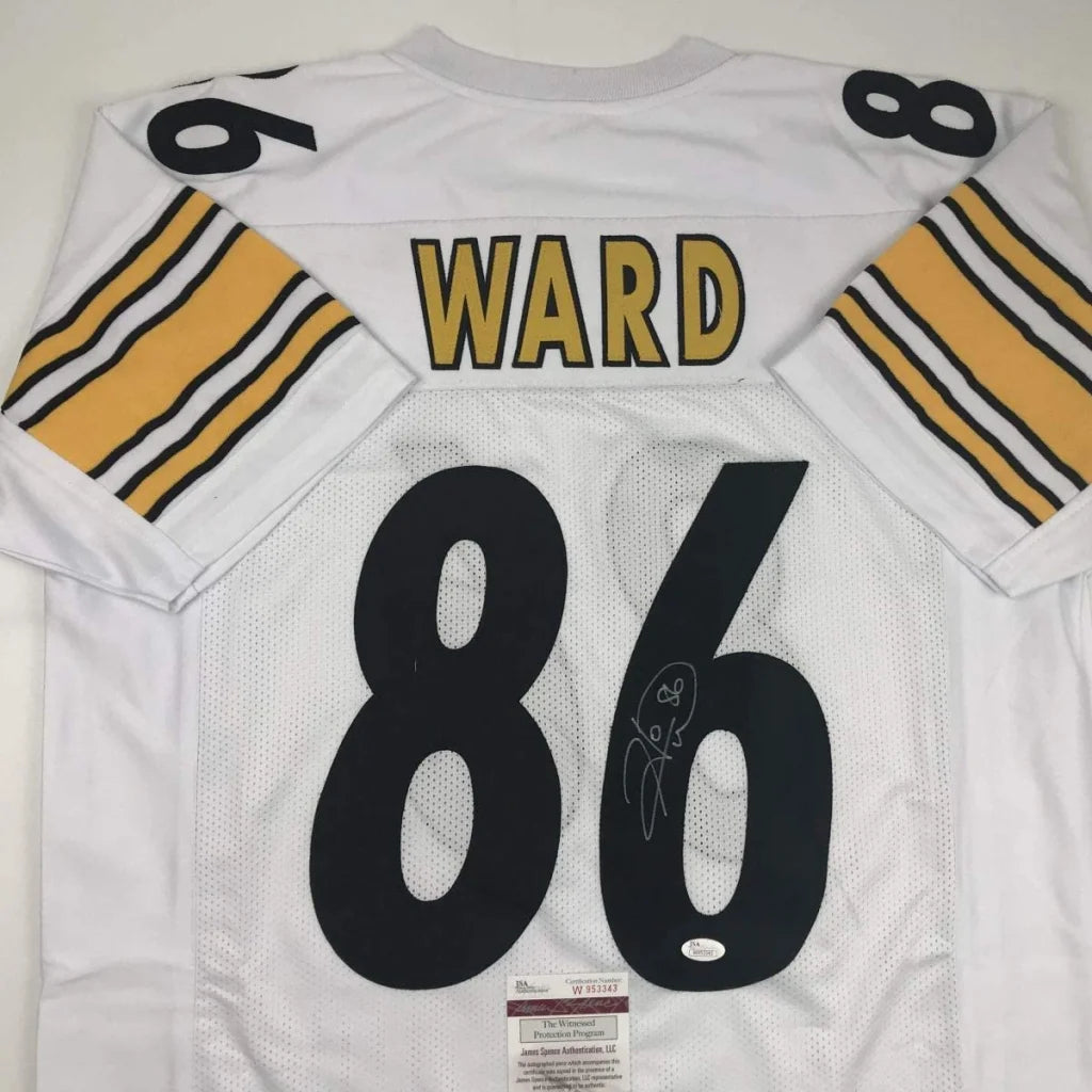 White custom sports league jersey with WARD 86 autograph and authentication sticker
