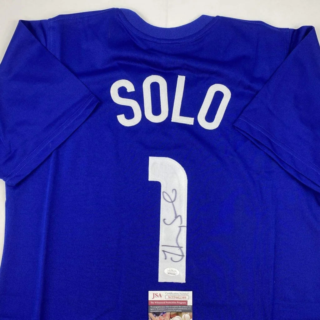 Blue professional sports league custom jersey signed by Solo with SOLO and number 1