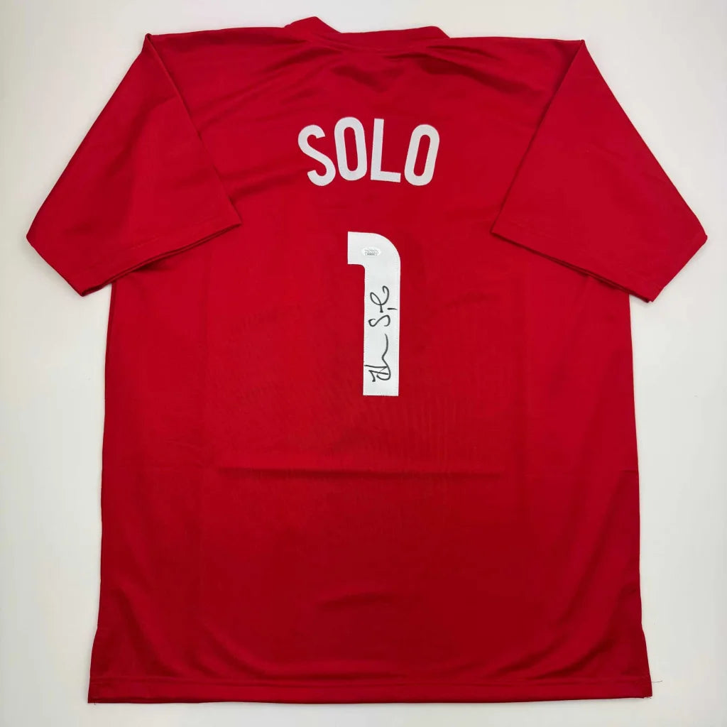 Autographed red custom jersey from Professional Sports League with SOLO and 1 on back