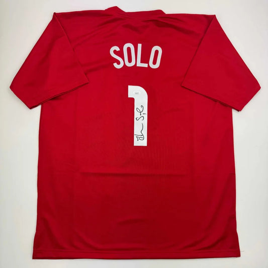 Autographed red custom jersey from Professional Sports League with SOLO and 1 on back