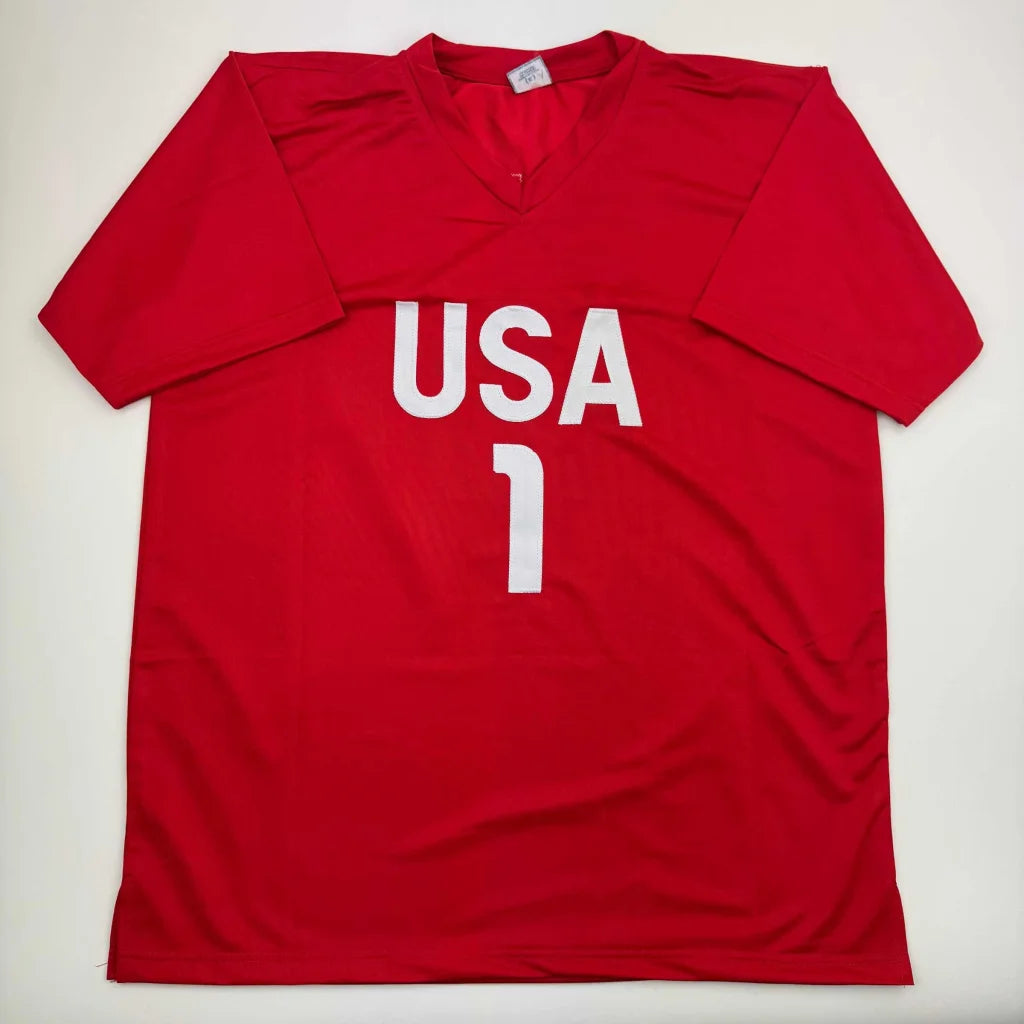 Red short-sleeved custom jersey with USA 1 for professional sports league fans