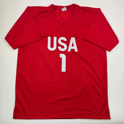 Red short-sleeved custom jersey with USA 1 for professional sports league fans
