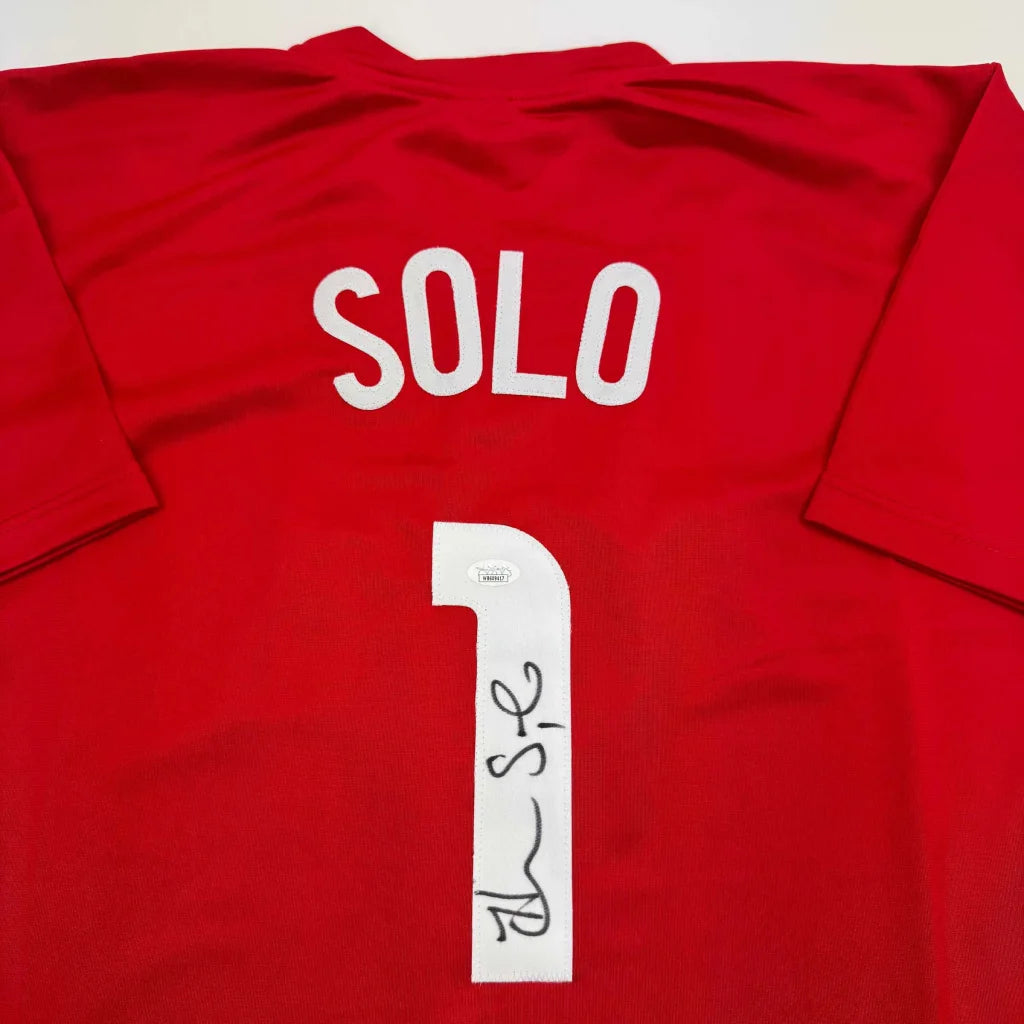 Autographed red custom jersey from Professional Sports League with SOLO and 1 on back