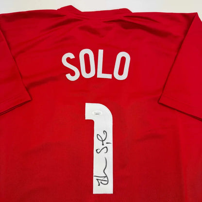 Autographed red custom jersey from Professional Sports League with SOLO and 1 on back