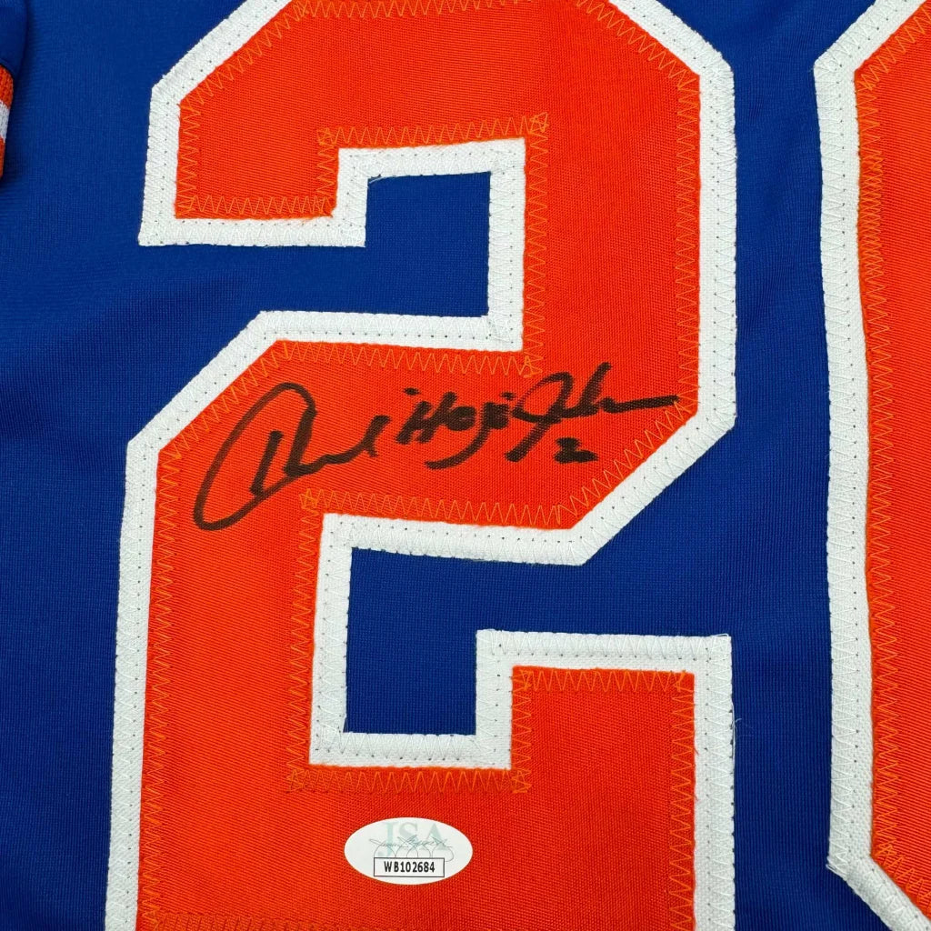 Autographed blue and orange custom jersey with number 21 from professional sports league