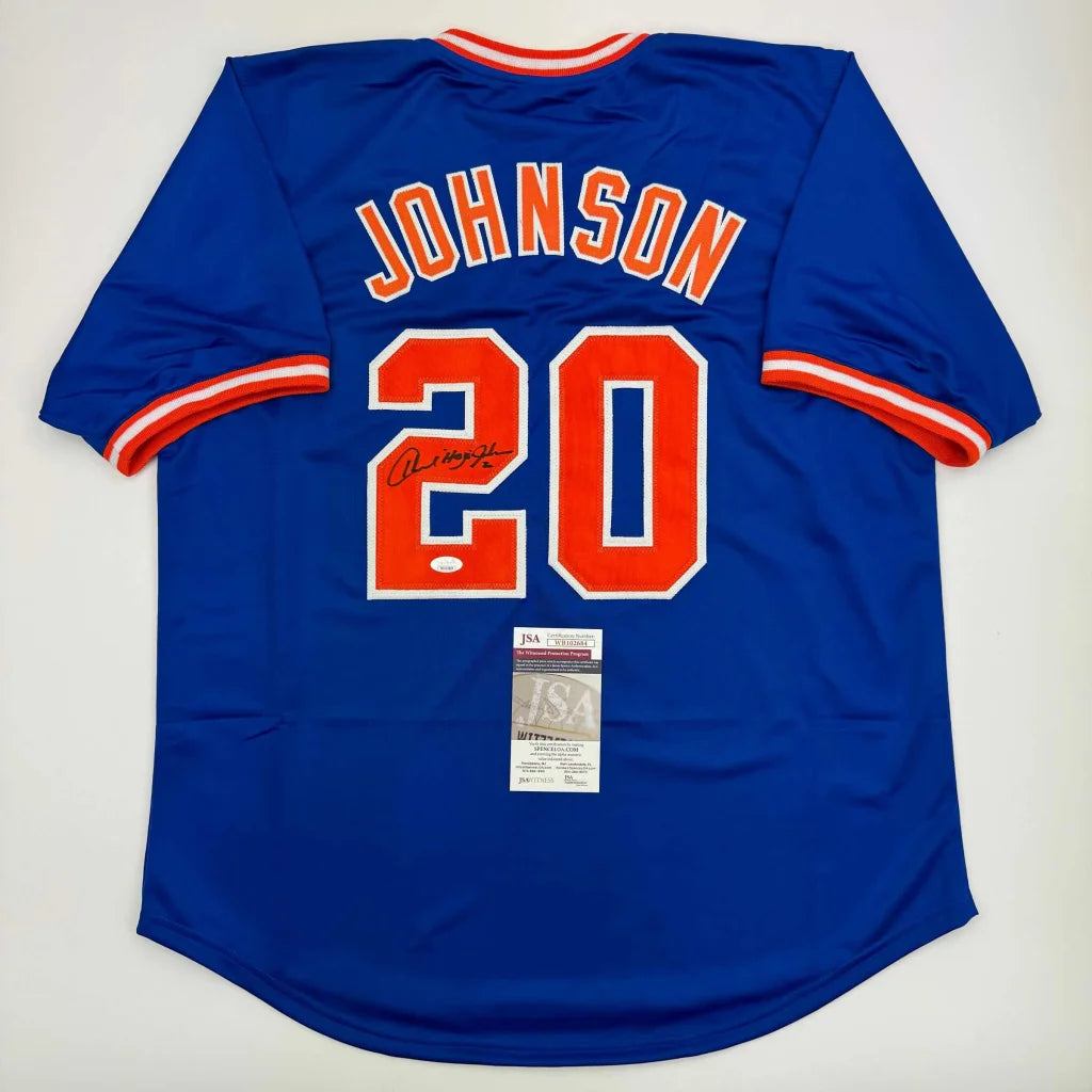 Autographed Howard Johnson HOJO New York Blue Baseball Jersey JSA COA | Hall of Fame Sports Memorabilia | vintageantiquesgifts.com