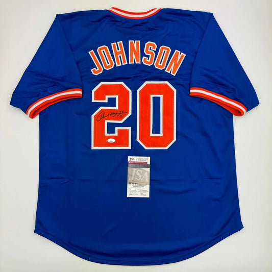 Autographed Howard Johnson HOJO New York Blue Baseball Jersey JSA COA | Hall of Fame Sports Memorabilia | vintageantiquesgifts.com