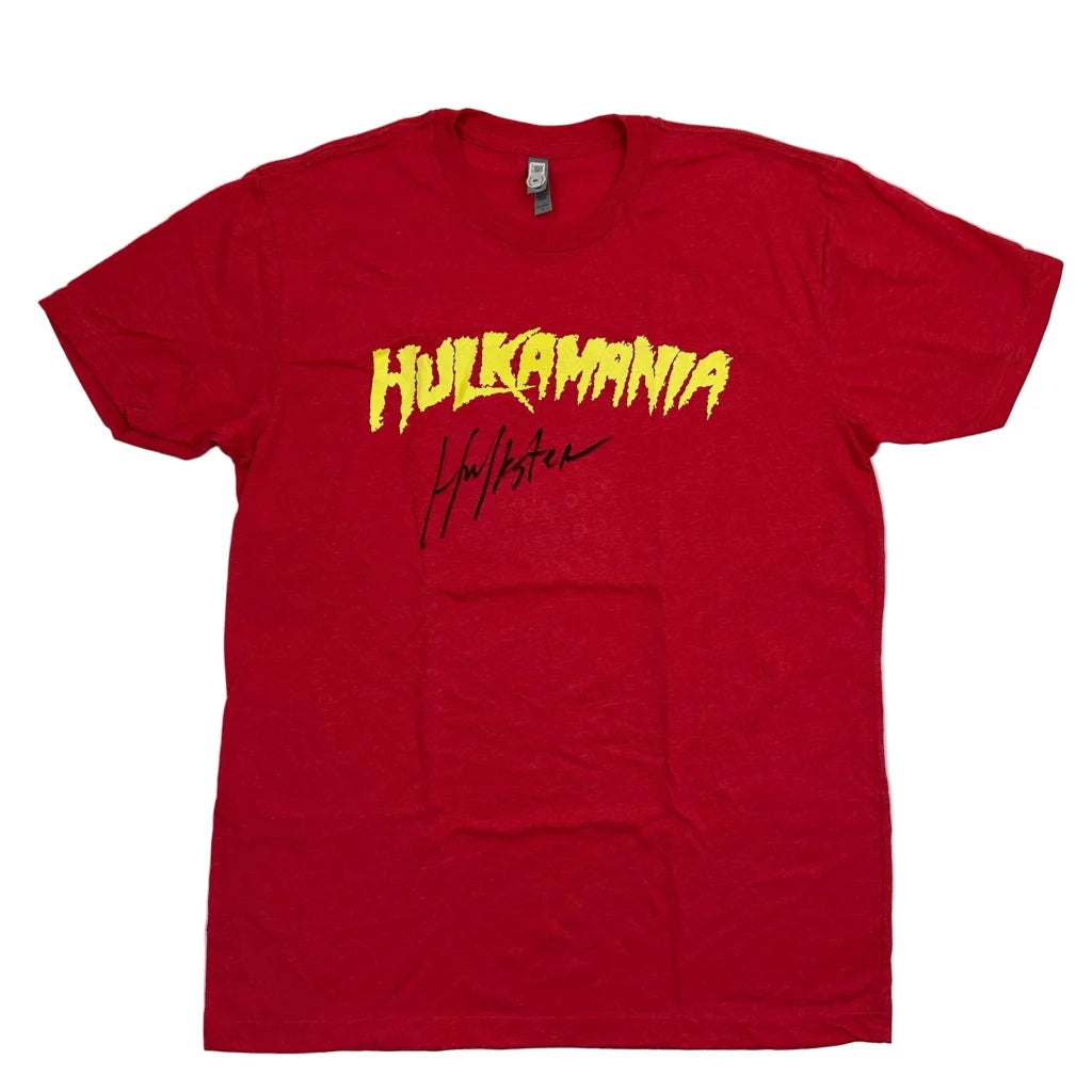 Autographed Hulk Hogan Hulkamania red WWE t-shirt with yellow text and black signature