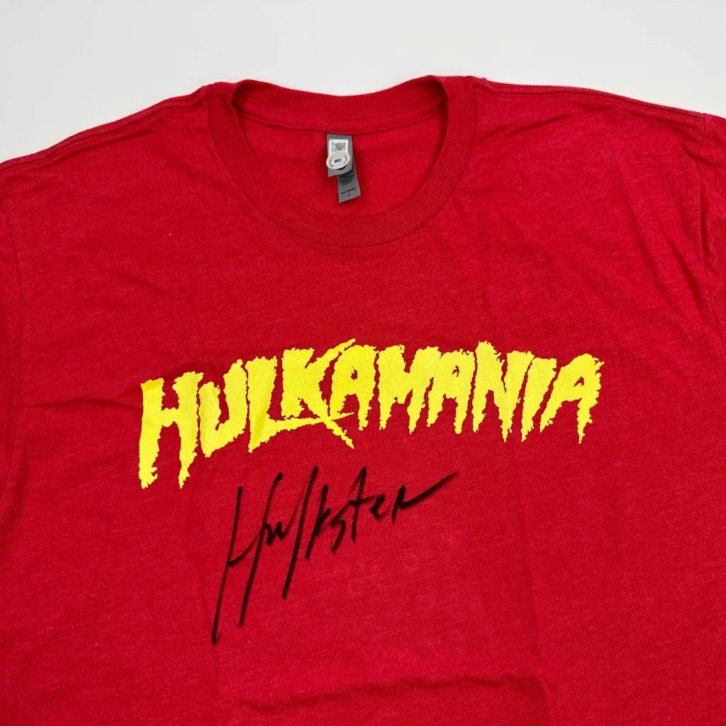 Red heathered Hulkamania t-shirt with autographed Hulk Hogan signature and Beckett COA