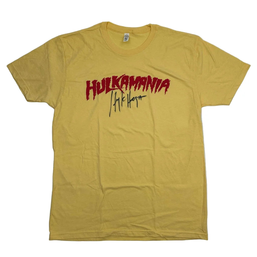 Autographed Hulk Hogan Hulkamania yellow WWE t-shirt with red lettering and black signature, Beckett BAS COA