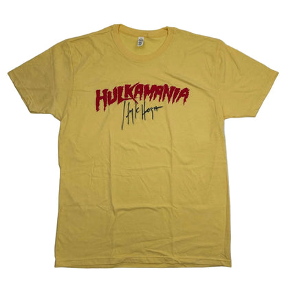 Autographed Hulk Hogan Hulkamania yellow WWE t-shirt with red lettering and black signature, Beckett BAS COA