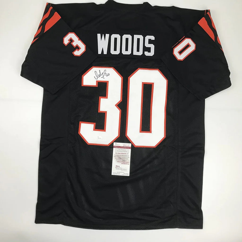 Back of autographed Ickey Woods custom black Bengals jersey number 30 JSA COA
