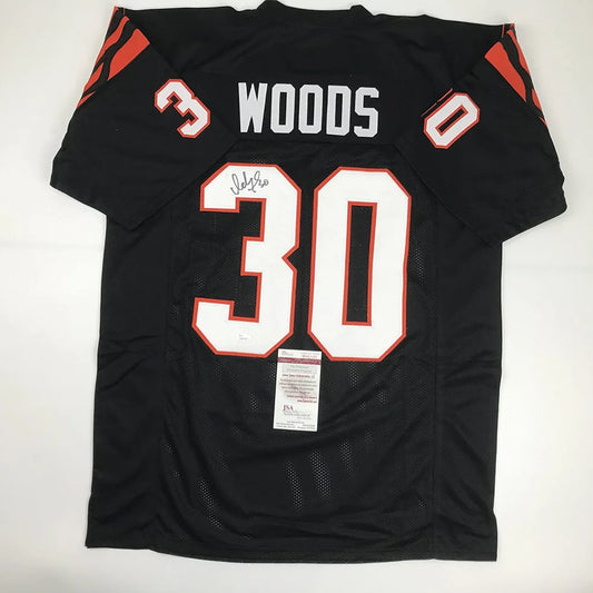 Back of autographed Ickey Woods custom black Bengals jersey number 30 JSA COA