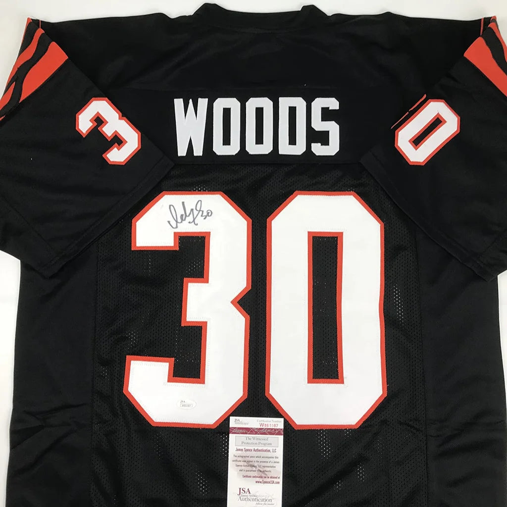Autographed Ickey Woods black custom jersey, number 30, JSA COA