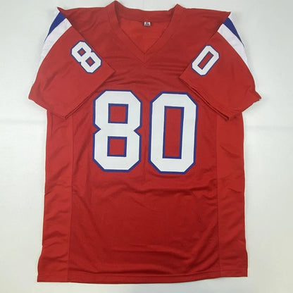 Red custom jersey with white and blue accents from professional sports league