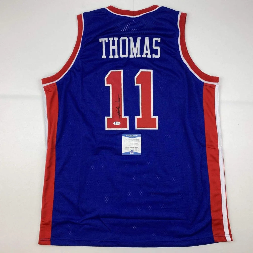 Blue and red professional sports league custom jersey signed and authenticated with THOMAS 11