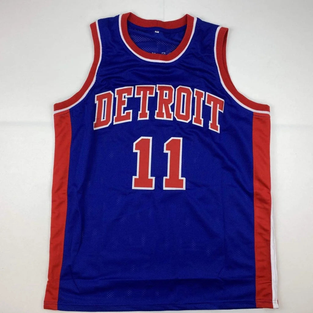 Autographed Isiah Thomas Detroit Pistons custom jersey, number 11, blue with red trim, professional sports league